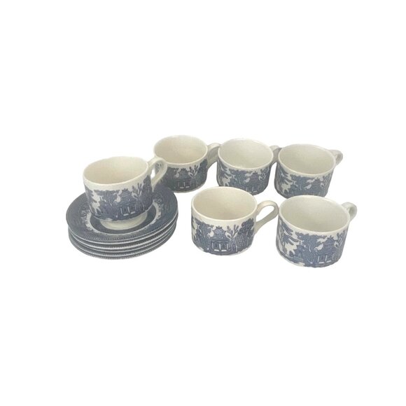 Churchill Ironstone Vintage Blue & White Willow Pattern Cups With Saucers Set Of - Picture 4 of 11